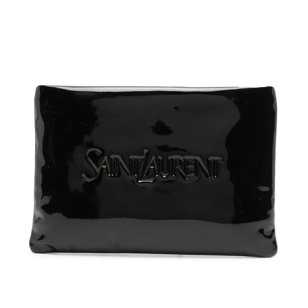 SAINT LAURENT Black Faux Patent Leather Small Puffy Pouch Clutch Bag $825